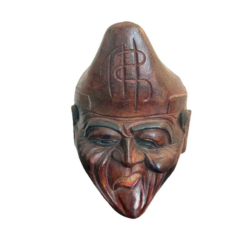 Vintage Large Hand Carved Wooden Face Mask Irony Smile Comedy 14.5